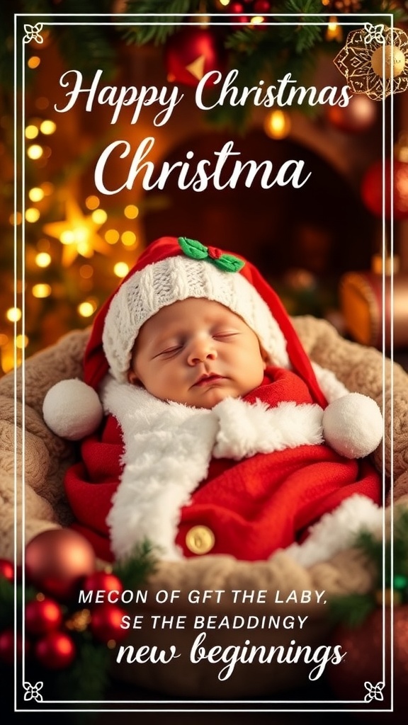 New Baby Christmas Card Ideas A Christmas card featuring a newborn in a Santa outfit with holiday decorations.